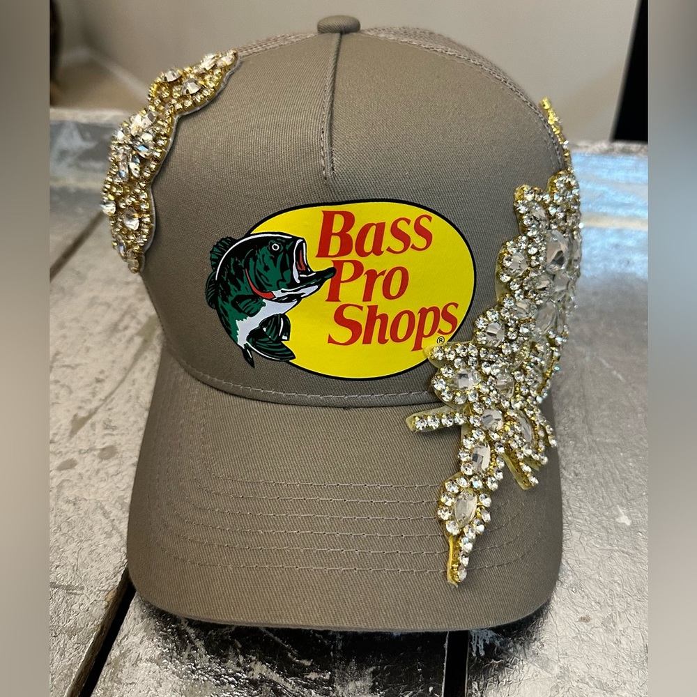 Custom Swarovski Bling Bass Pro SnapBack cap/hat! TAN